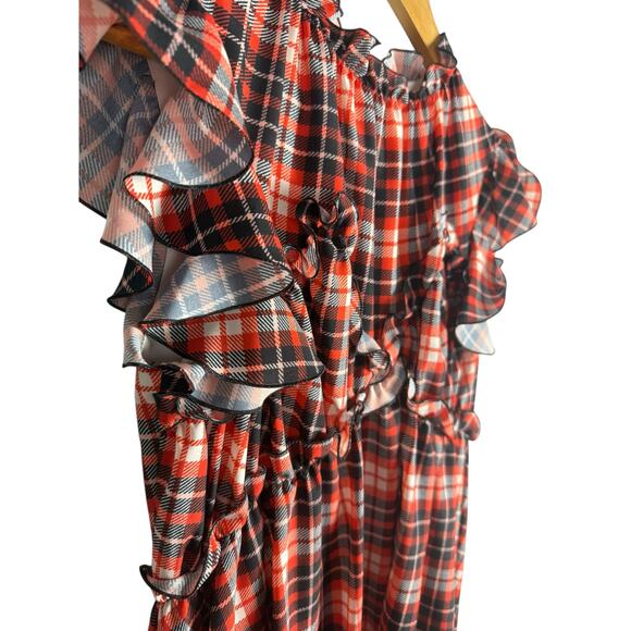 MSGM Milano Designer Sleeveless Ruffle Plaid Mini Dress Red Size 8 - Picture 4 of 10